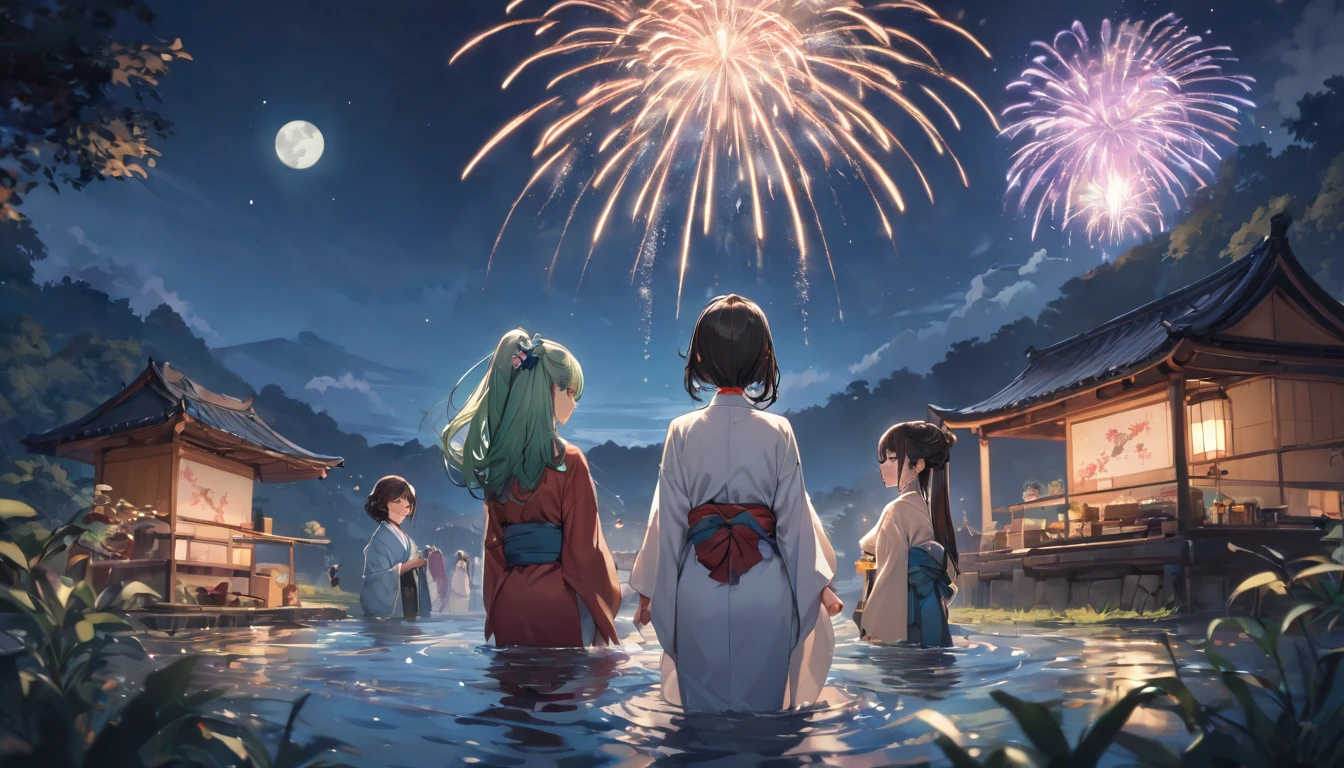 panoramic (in the night Countryside Tian Ying), (detailed background is Beautiful stream, full moon and many detailed fireworks), (back style, in a kimono), break, ((8girls)), look at fireworks, (1 girl is blue long hair), (1 girl is silver long hair), (1 girl is ponytail green hair), (1 girl is brown bob short hair), (1 girl is brown long hair), (3 girls are black long hair), BREAK, perfect anatomy, masterpiece, best quality, 16k, beautiful detailed grow, daydreaming expression.
