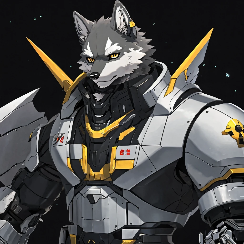 fang, dogboy,wolf, Gray Wolf，UHD，Well-armored mechanical wolf，Golden pupils，Black pupils，Platinum Mech，Pure black background，White eyebrows，individual，Anime mecha aesthetics ，Cool mech style,