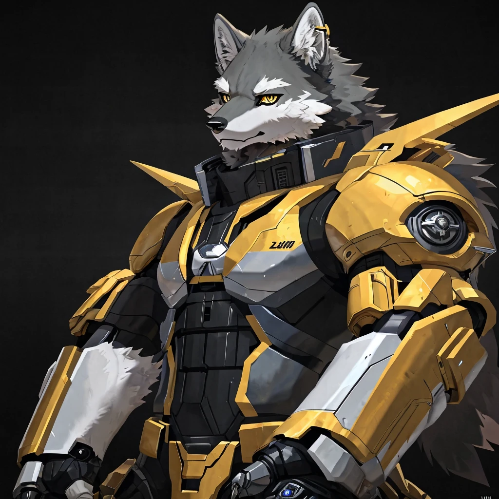 fang, dogboy,wolf, Gray Wolf，UHD，Well-armored mechanical wolf，Golden pupils，Black pupils，Platinum Mech，Pure black background，White eyebrows，individual，Anime mecha aesthetics ，Cool mech style,