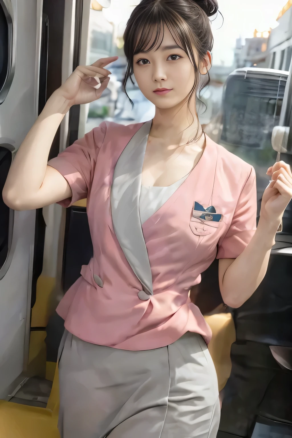 (masterpiece:1.2, Highest quality:1.2), 32K HDR, High resolution, (alone、1 girl)、（On the rooftop of a building in the daytime、Professional Lighting）、Building rooftop background、（Nankai train crew uniform pinkを着たリアルスタイル）、（Nankai train crew uniform pink short sleeve collarless pink jacket、Nankai Train Crew Uniform Pink Collarless Short Sleeve Blouse、Nankai Train Crew Uniform Pink Grey Knee-length Culottes）、（（The bottom of the pink short-sleeved jacket cannot be tucked into the clay-colored culottes.））、Dark brown hair、（Hair tied up、Hair Bun、Hair Bun）、Dark brown hair、Long Shot、Big Breasts、Thin legs、（（Great hands：2.0）），（（Harmonious body proportions：1.5）），（（Normal limbs：2.0）），（（Normal finger：2.0）），（（Delicate eyes：2.0）），（（Normal eyes：2.0））)、（Nankai Train Crew Uniform Pink Grey Knee-length Culottesを見せた美しい立ち姿）、smile