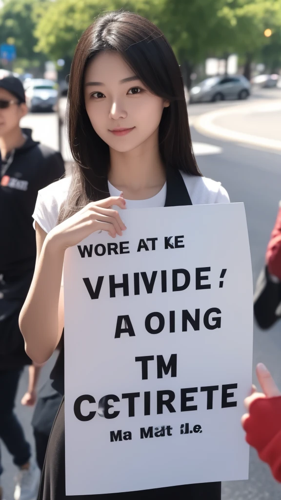 a beautiful woman holding a sign saying "WHERE ARE MY FINGERS?"
