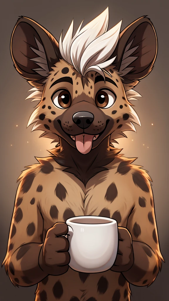 masterpiece, high quality, Solitary, young Furry, hairy, young, hyena, Only the head has spiky white hair, Brown eyes, masterpiece,Delicate face, delicate eyes, high resolution, Mug shot,Cartoon,No background,Stick out your tongue