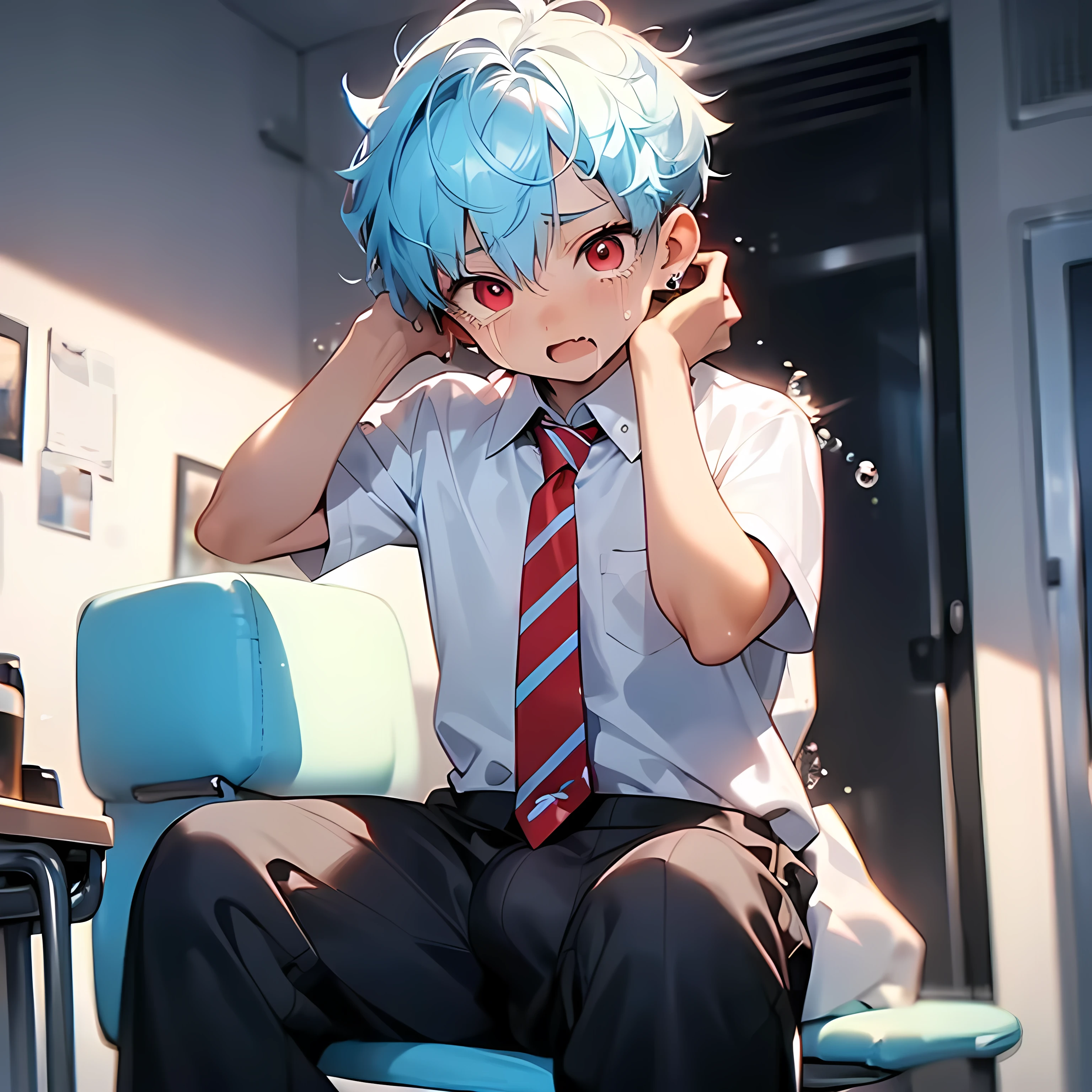 (boldline:-1.6), ((bubble)), (hands on his head:1.5), (sitting office chair:1.5), (((fang))), (((best finger))), BREAK (best quality:1.5), (absolutely resolution:1.5), (ultra detailed:1.5), (masterpiece:1.5), (perfect face:1.5), (detailed face:1.3), (detailed eyes:1.5), (best eyes:1.5), (cute face), (shota:1.7), BREAK (white dress shirts:1.5), (red strips necktie:1.5), BREAK (black pants:1.5), (bulge:1.6), (skinny:1.3), (spiked hair), BREAK (light blue hair:1.5), (wine red eyes:1.4), (eyes with highlight:1.6), ((mole under eye)), (sweaty skin), ((crying)), (anguish:1.5), ((earrings)), (shiny skin:1.3), BREAK (office), (bottle on desk:1.3), (front desk), (silver computer), (sunlight), ((wind blowing)), (nipple), abs, groin, (from below),