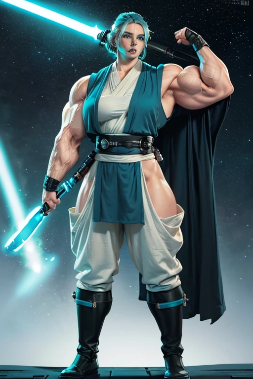 (((Massive, tall, beautiful, buff, muscular pale white skinned female Jedi with cyan hair, black lipstick, ginormous bulky muscles, holding a lightsaber and wearing an all cyan Jedi outfit and Jedi pants))), (close view), black eyeliner, massive muscles, massive biceps, hyper muscle triceps, (long beachy hair), purple eyes, Jedi boots, In space, Jedi outfit, Jedi pants, nighttime, confident smile, hyper muscles arms, hyper muscle legs, (massive arms)