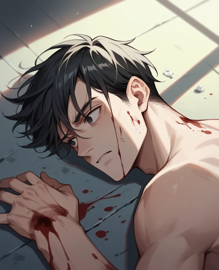 a man, short black hair, one black eye, looking forward, a single tear falling down his face, little wound with blood, lying on the floor, hands limp in front of him, with a dark warehouse in the background