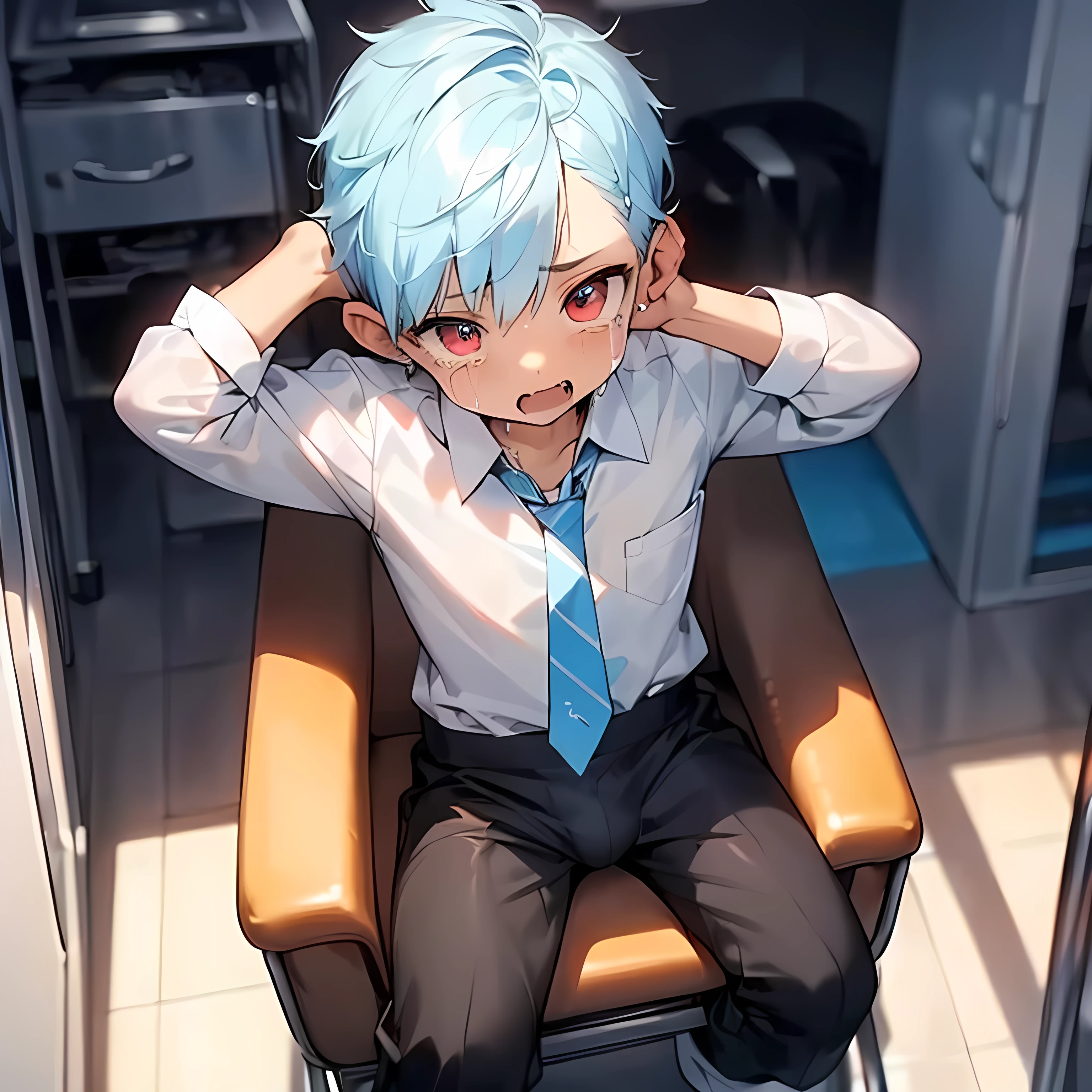 (boldline:-1.6), ((bubble)), (hands on his head:1.5), (sitting office chair:1.5), (((fang))), (((best finger))), BREAK (best quality:1.5), (absolutely resolution:1.5), (ultra detailed:1.5), (masterpiece:1.5), (perfect face:1.5), (detailed face:1.3), (detailed eyes:1.5), (best eyes:1.5), (cute face), (shota:1.7), BREAK (white dress shirts:1.5), (red strips necktie:1.5), BREAK (black pants:1.5), (bulge:1.6), (skinny:1.3), (spiked hair), BREAK (light blue hair:1.5), (wine red eyes:1.4), (eyes with highlight:1.6), ((mole under eye)), (sweaty skin), ((crying)), (anguish:1.5), ((earrings)), (shiny skin:1.3), BREAK (office), (bottle on desk:1.3), (front desk), (silver computer), (sunlight), ((wind blowing)), (nipple), abs, groin, (from below),