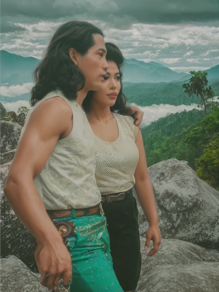 there are a man and a woman standing on a rock with mountains in the background, man with curl hair, indonesian people, in mountains, inspired by the Brothers Hildebrandt, on a mountain, a colorized photo, digital art. @mariomaniacdude, a mountain look like a women, in a oil painting style, portrait of edward and bella, inspired by Brothers Hildebrandt, with mountains as background