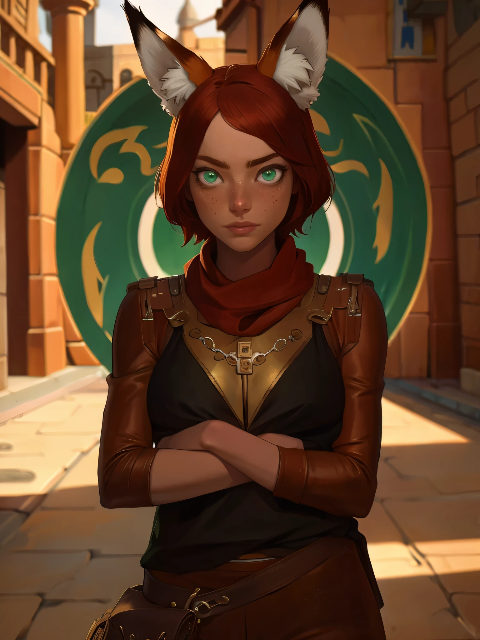 kemono girl, (((fox ears))), Emma Stone, a thief, wearing a tunic, a red shemagh scarf, brown leather pants, | green eyes, red hair, short hair, ((freckles)), parted lips, ((disgusted)), (((rolling eyes))), dynamic pose, in medieval streets, at day, | (8k, RAW photo, best quality, masterpiece:1.2), ultra-detailed, (high detailed skin:1.2), 8k uhd, dslr, soft lighting, high quality, ((upper body:1)), (centered:1.2), ((LOOKING at the VIEWER)), asura, film grain, highly detailed shading, ((perfect_hands):1), Goodhands-beta2, Detailed eyes, perfect face, perfect eyes, Detailed face