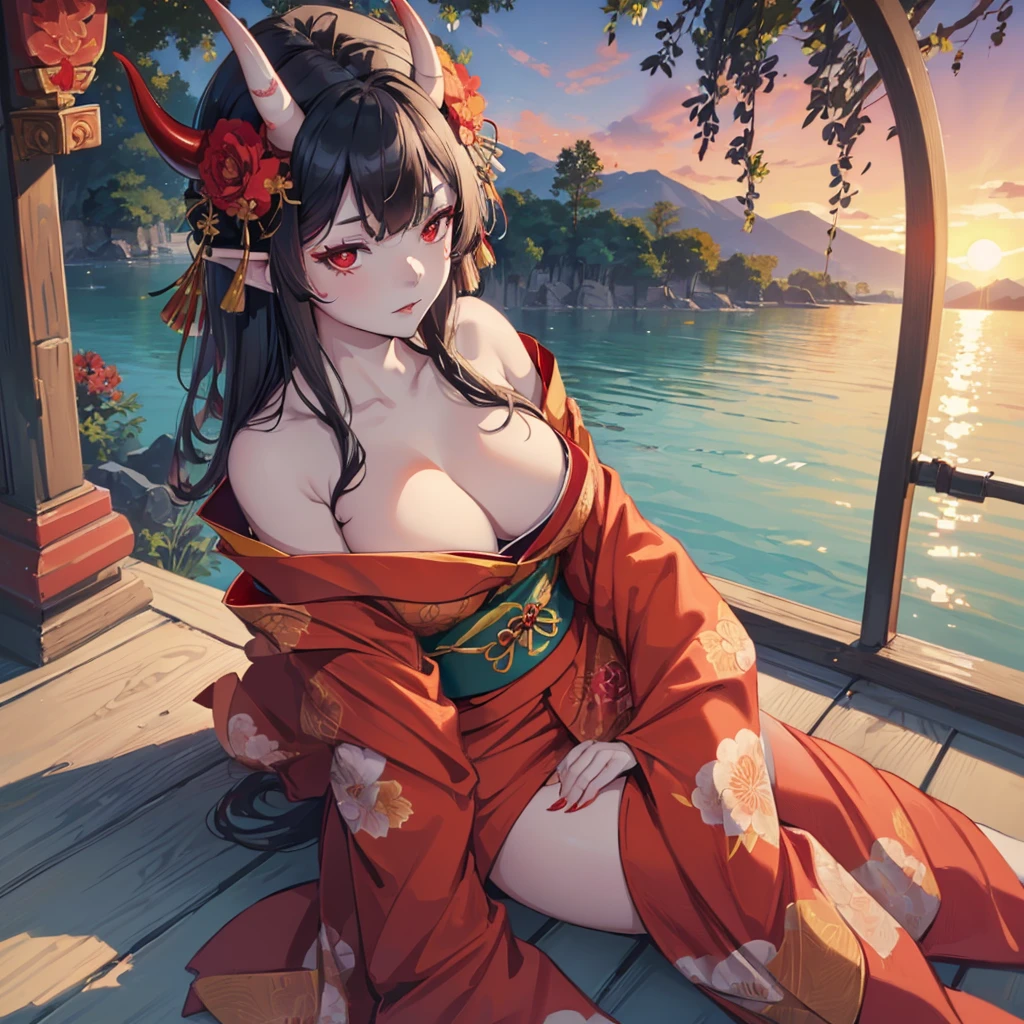 ((((((Solo)))))), ((pale girl)), oni horns, horns attached to forehead, (((red floral kimono))), ((kimono off shoulder)), long black hair, (beautiful red eyes), (sitting by water), looking up at viewer, (sunset),  (((mature woman))), (((mature))), ((large breasts)), (((curvy))), (((oni horns))), (detailed face) 