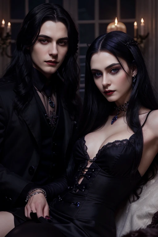young handsome hetero Man Jinx Edward vampire with big indigo-eyes and gems and long black hair, with nice and delicate face, in a dark gothic magic castle with annie and claudia and Lestat