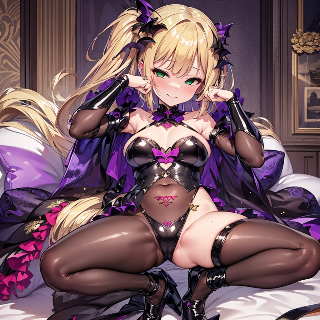 masterpiece, best quality, hyper detailed, 1girl, evil smiling, looking at viewer, short hair,curly hair, narrow eyes,gold hair, green eyes, skin,beautiful breast, glasses,big breasts,gothic lolita,tiny, ,gothic atmosphere, full body shot,spread legs