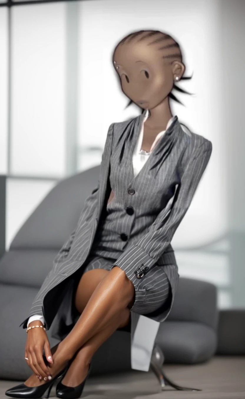 Black business woman in a
 Pinstriped skirt suit with grey heels 
