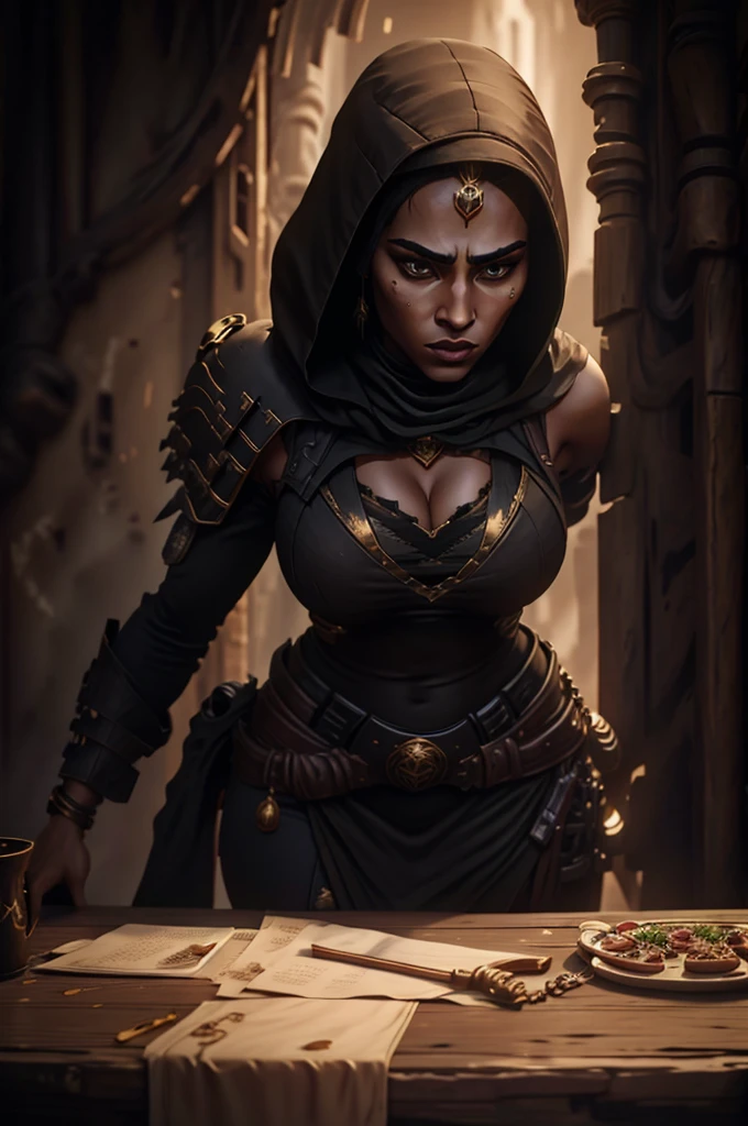 A woman in a black outfit with a sword and a hoodie (masterpiece), best quality, expressive eyes, perfect face, detailed eyes, dark fantasy,, Egyptian warrior, cleavage, black and gold outfit, massive snoopy breast, badass woman, sensual ,
