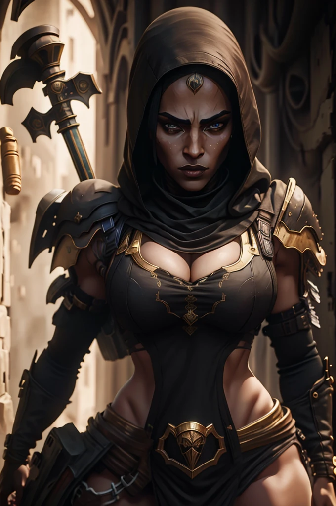 A woman in a black outfit with a sword and a hoodie (masterpiece), best quality, expressive eyes, perfect face, detailed eyes, dark fantasy,, Egyptian warrior, cleavage, black and gold outfit, massive snoopy breast, badass woman, sensual ,