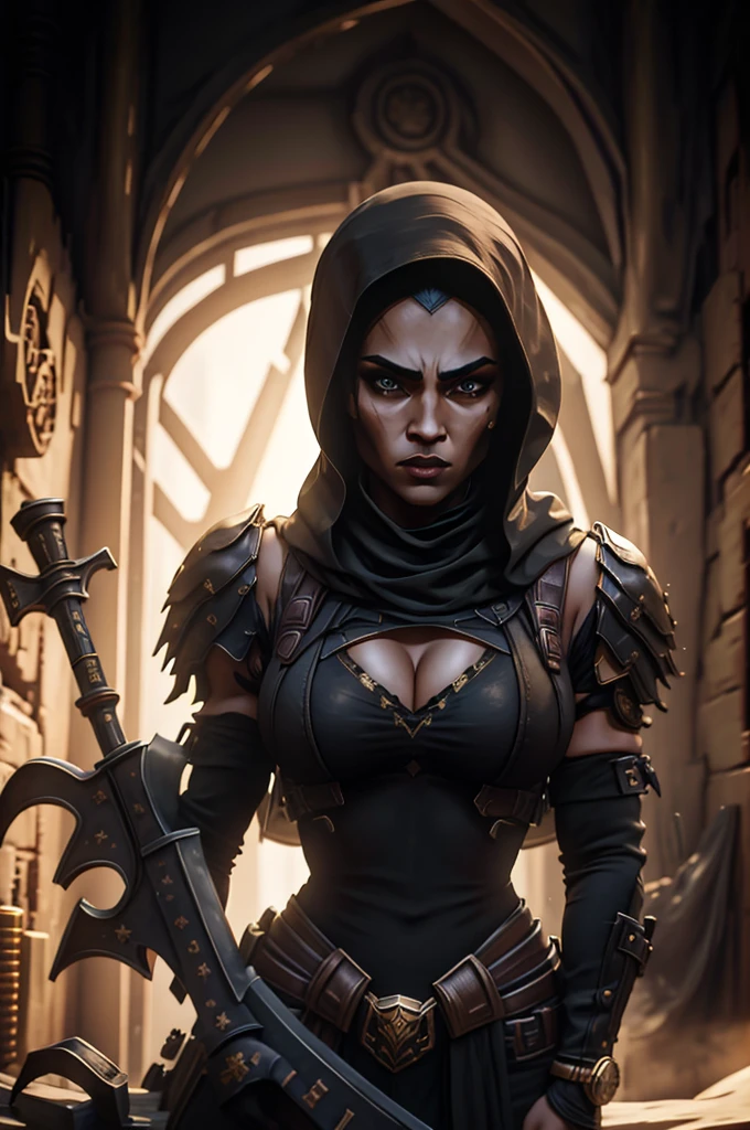A woman in a black outfit with a sword and a hoodie (masterpiece), best quality, expressive eyes, perfect face, detailed eyes, dark fantasy,, Egyptian warrior, cleavage, black and gold outfit, massive snoopy breast, badass woman, sensual ,