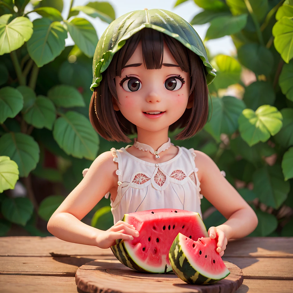 A little girl happily eats watermelon : 0.8), (Realist: 1.2) (Bokeh) (Better quality) (Delicate skin: 1.3) (Intricate details) (8K) (Detail eyes) (Sharp focus), (Happy),Correct anatomy