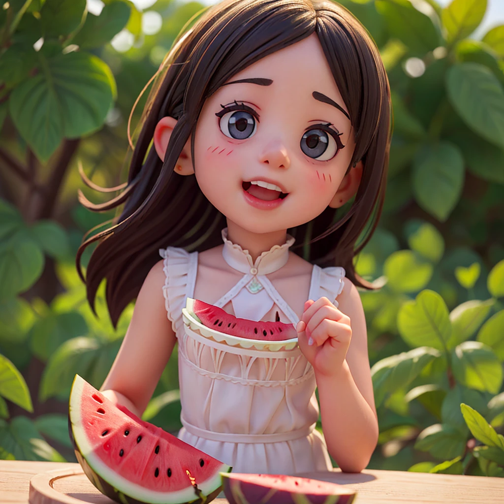 A little girl happily eats watermelon : 0.8), (Realist: 1.2) (Bokeh) (Better quality) (Delicate skin: 1.3) (Intricate details) (8K) (Detail eyes) (Sharp focus), (Happy),Correct anatomy