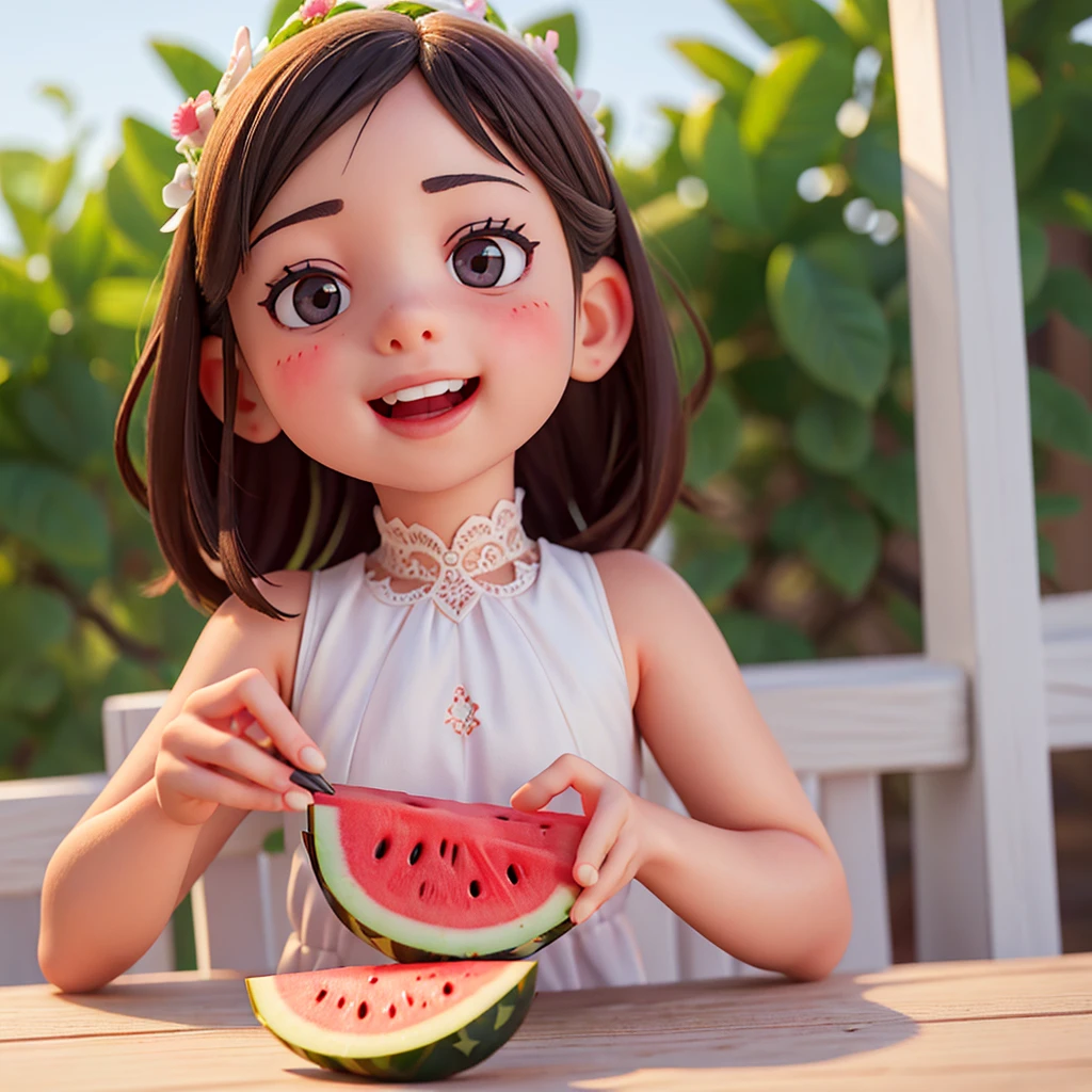 A little girl happily eats watermelon : 0.8), (Realist: 1.2) (Bokeh) (Better quality) (Delicate skin: 1.3) (Intricate details) (8K) (Detail eyes) (Sharp focus), (Happy)，Correct ???????