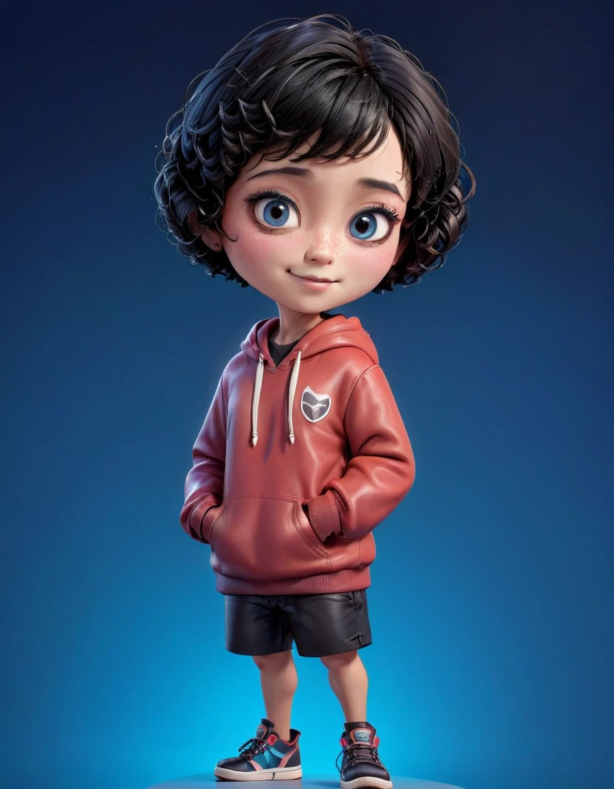 Create a 3D animation of a cartoon caricature with a big head. a 50 year old Indonesian man. She has short, curly hair in a black pixie cut. His face is oval with smooth lines, thick and neat black eyebrows, normal eyes, a small, sharp nose, and thin lips with a wide, friendly smile. He wore a dark red leather hoodie over a white t-shirt. Gradient blue background with professional lighting. masterpiece, top quality, highly detailed skin and face, ultra-realistic, high definition, studio lighting, sharp focus, 2/3 body angle, Concept Art, 3D rendering.