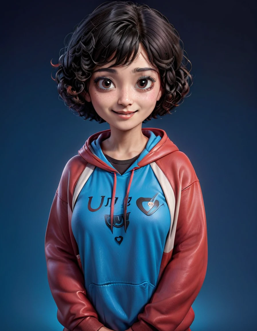 Create a 3D animation of a cartoon caricature with a big head. a 50 year old Indonesian man. She has short, curly hair in a black pixie cut. His face is oval with smooth lines, thick and neat black eyebrows, normal eyes, a small, sharp nose, and thin lips with a wide, friendly smile. He wore a dark red leather hoodie over a white t-shirt. Gradient blue background with professional lighting. masterpiece, top quality, highly detailed skin and face, ultra-realistic, high definition, studio lighting, sharp focus, 2/3 body angle, Concept Art, 3D rendering.