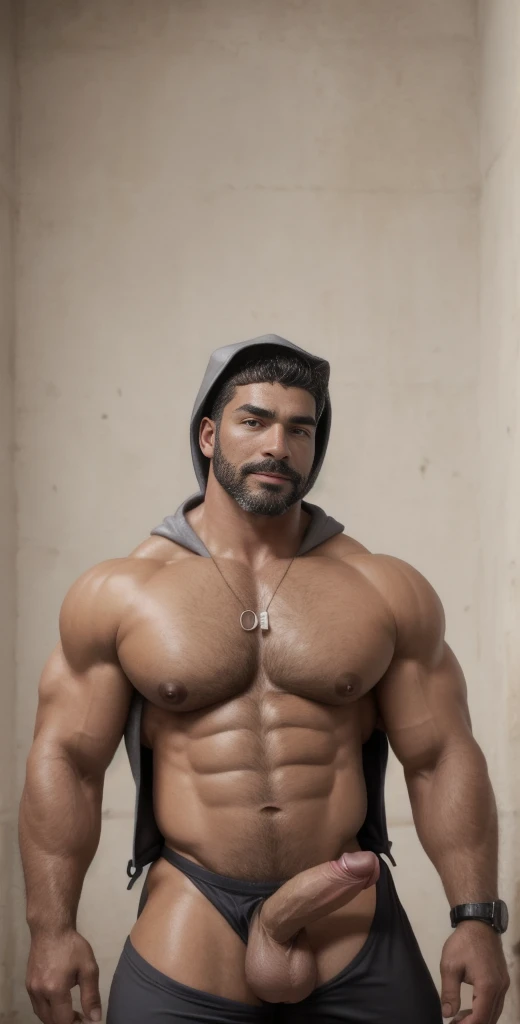 1boy, solo, facial hair, male focus, flaccid penis, pectorals, bara, muscular, mature male, muscular male, abs, beard, nipples, short hair, navel, stomach, large pectorals, thick eyebrows, bare pectorals, dark-skinned male, erection, thighs, erection under clothes, chav hood, dark skin, open clothes, hood, grey tracksuit, pectoral cleavage, cowboy shot, feet out of frame, thick thighs, looking at viewer, biker costume, masterpiece, 4k, high quality, highres, absurdres,