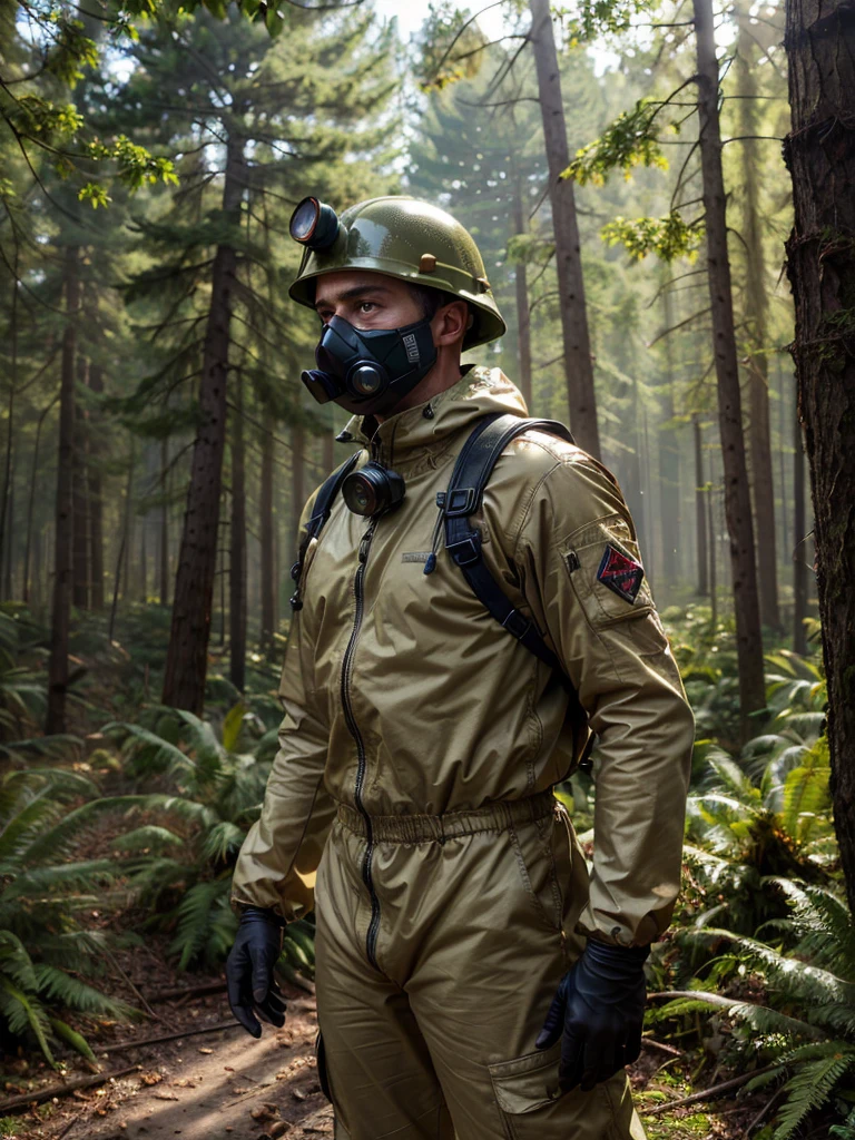 (best quality, masterpiece, highest detailed), (photorealistic:1.2), (detailed light:1.2), (Realistic skin texture:1.4), raw photo, upper body shot, a man in a khaki chemical protective suit, in the middle of a burnt forest, looking into camera, ((dead black forest)), radioactive ash flying from the sky, ((post-apocalysis)), World War III