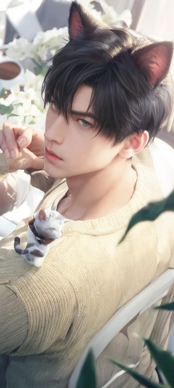 masterpiece, 1boy, handsome, black hair, undercut hair, perfect face, detailed eyes and face, black eyes, clean shaved, muscular, capturing a rural atmosphere, dynamic lighting, unreal engine 5, cat ears