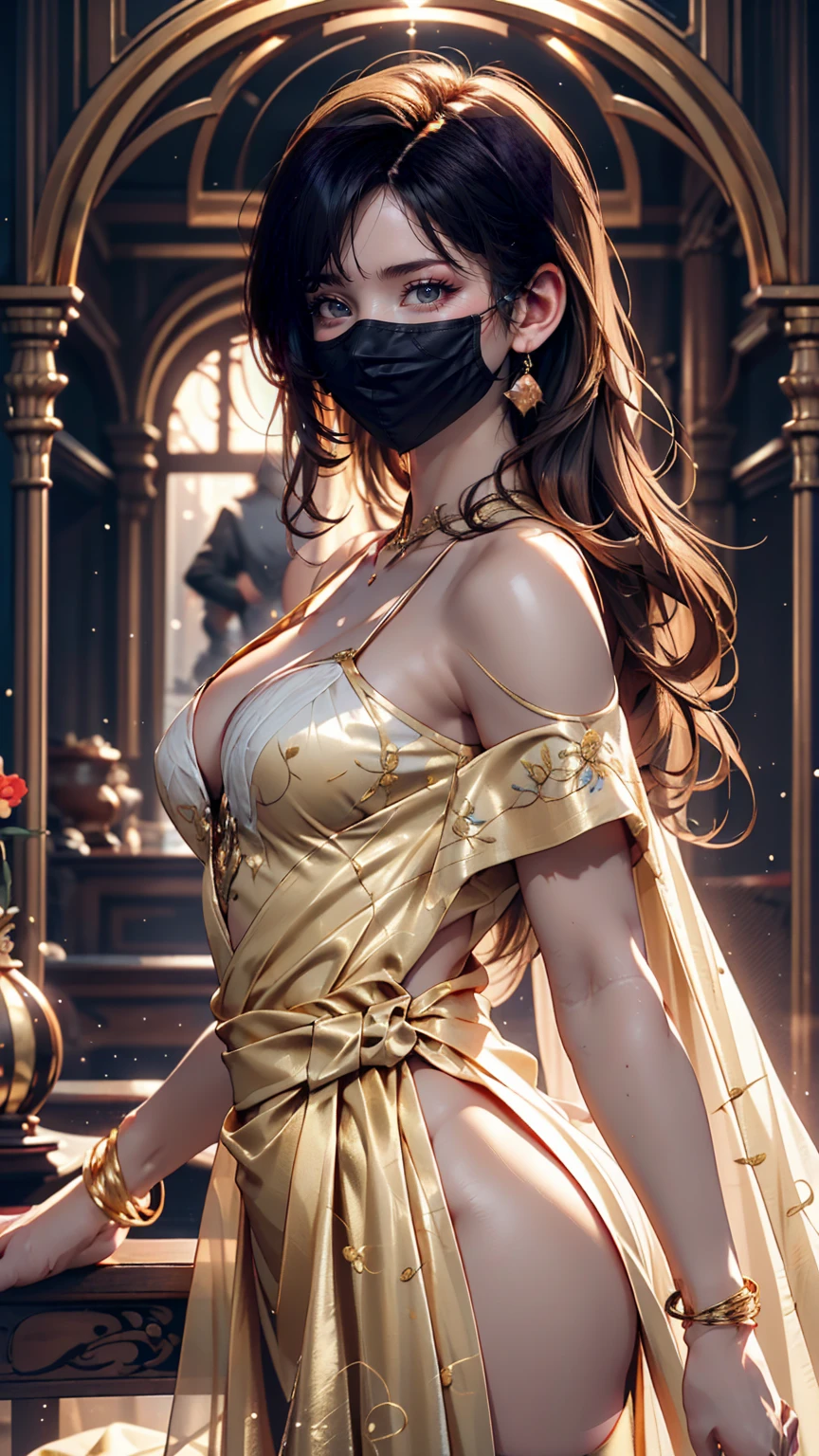 Supermodel with detailed long, curly, flowing hair, Dressed in golden clothes (Translucent and exquisitely embroidered) (Metallic Surgical Mesh Mask) Cover your face, ((mouth is hidden)), wearing strange future fashion, Luxurious and exquisite gold accents, Cinematography, Exquisitely crafted, Created, Scrupulous, grow, Maximum details, Extremely beautiful, Bokeh, Professional photography