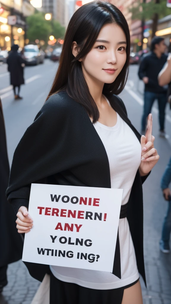 a beautiful woman holding a sign saying "WHERE ARE MY FINGERS?"