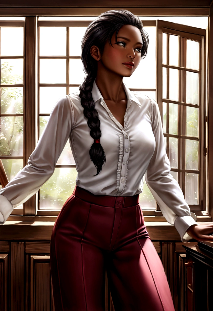Imagem ultra realista, Mulher negra africana, with long braided hair, athletic body, dressed in burgundy linen pants, button-down blouse with long sleeves in white, period hat, dentro de uma sala com instrumentos musicais de jazz, room illuminated by sunlight entering through the glass window.