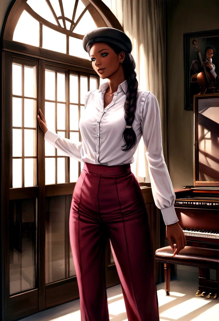 Imagem ultra realista, Mulher negra africana, with long braided hair, athletic body, dressed in burgundy linen pants, button-down blouse with long sleeves in white, period hat, dentro de uma sala com instrumentos musicais de jazz, room illuminated by sunlight entering through the glass window.