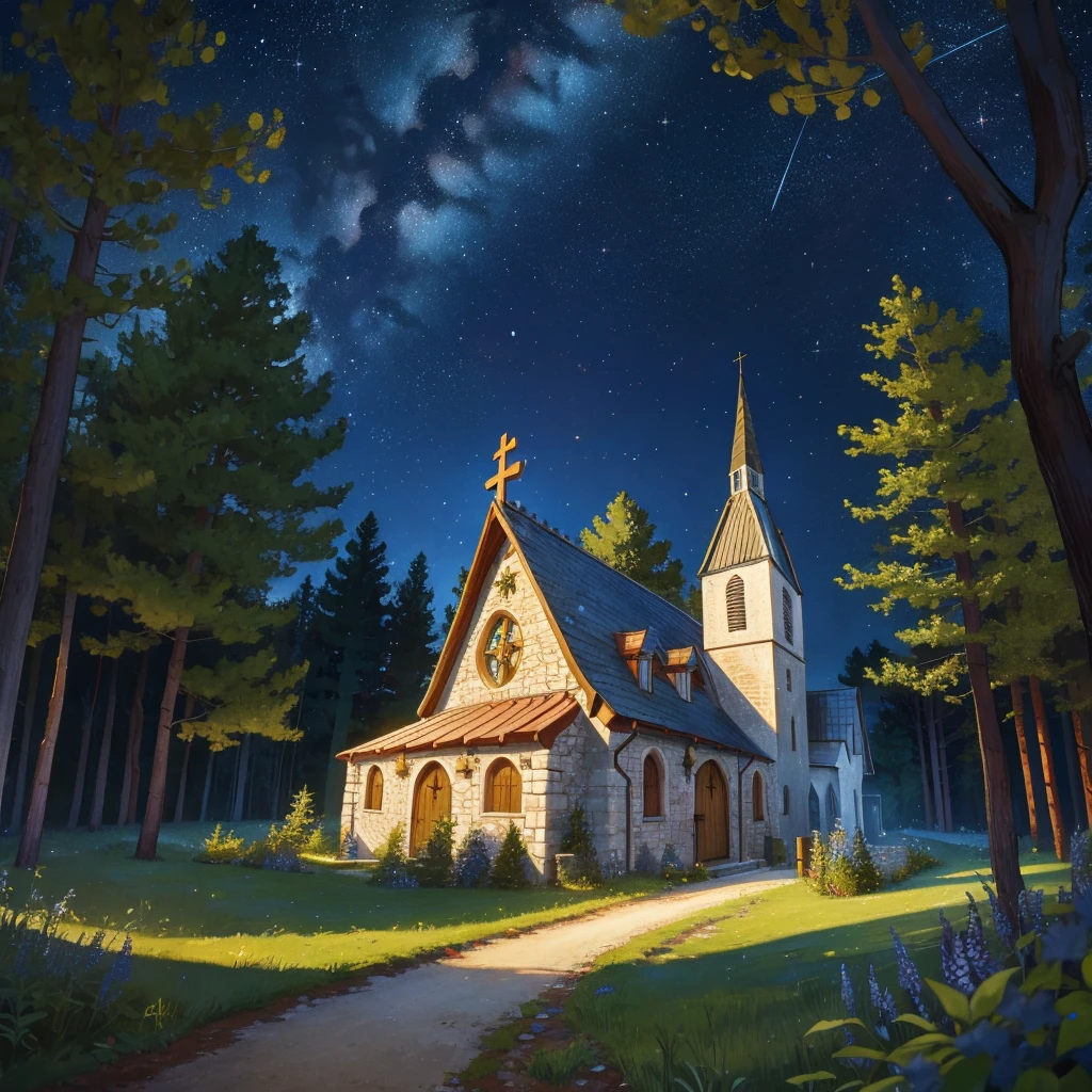 small medieval church in the forest at the starry night