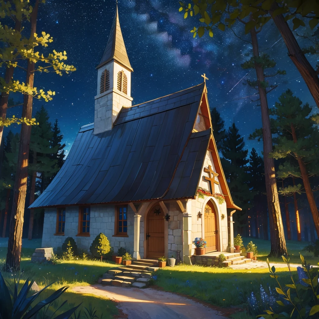 small medieval church in the forest at the starry night