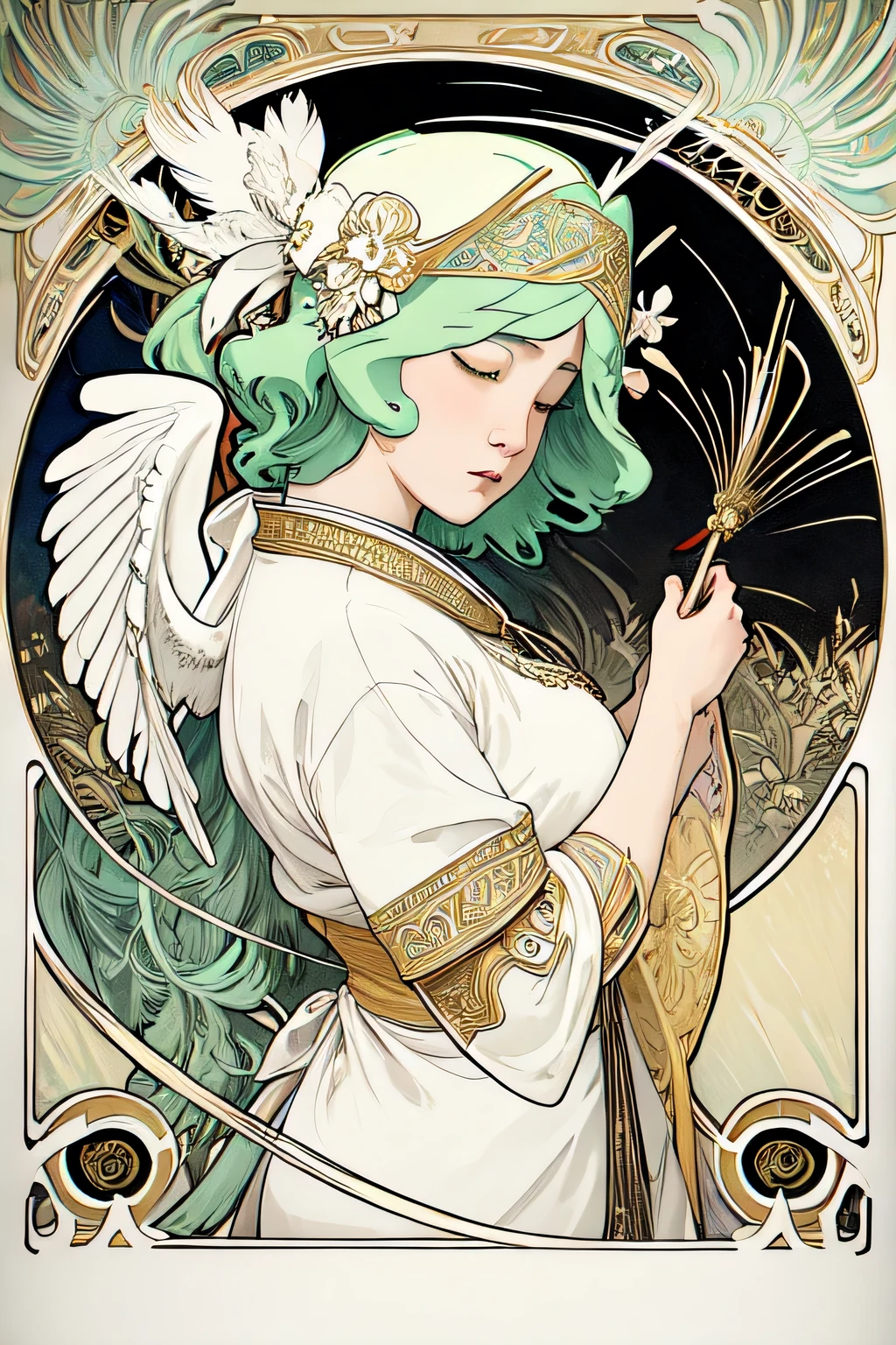 (Art Nouveau:1.25), Angel、Big white feather、Maximalism art style,Neon Theme,Suprematism,beautiful detailed beautiful detailed ,Super detailed,,超high quality,,,Beautiful colors,,Attention to detail, high quality,Backlight、Upper Body ,high quality,、Upper Body, Hold the sword in both hands、(Put on Armor 1.2)、Landscape、Close ~ eyes、Put on the hood、