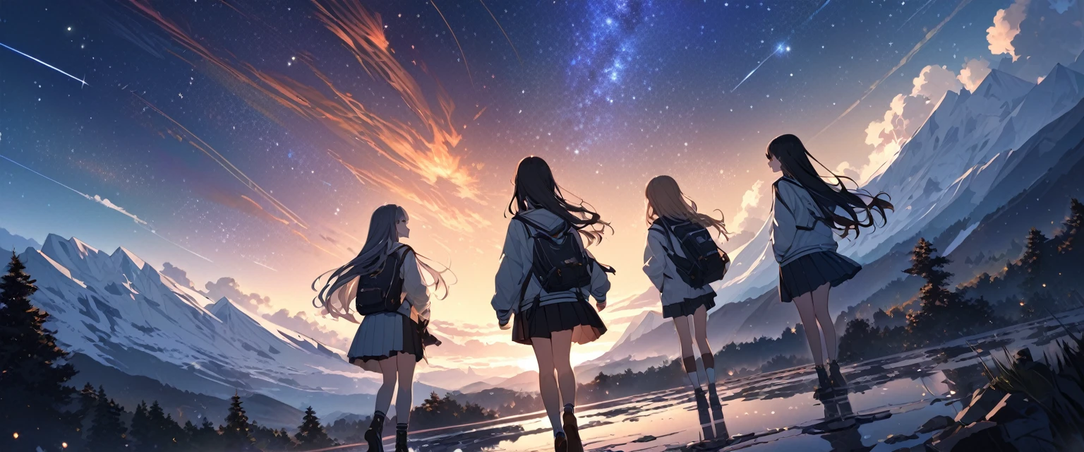 (Highest quality、Very detailed、Very detailed and beautiful、Ultra-high resolution) 、Spectacular landscapes、starry skies、Three high school girls looking into the distance