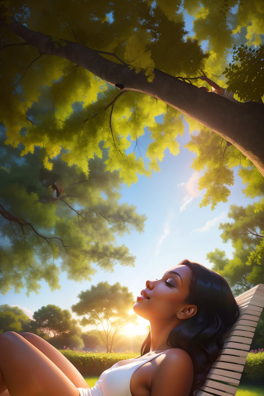 Woman lounging under a bright, lush canopy of trees, an epic composition of a radiant black woman, captured in ultra-high definition by a master artist. Her face, a striking blend of rich colors and clean lines, shines with a warm, sunlit glow. The illustration, with its two-dimensional cartoon style, features rich layers of black line and vibrant hues, evoking a feeling of tranquility and connection with nature. The clear, sunlit atmosphere surrounding her, filled with bright colors, adds a touch of whimsy and charm to this captivating scene. The rich layers and clean lines create a sophisticated, yet playful, art style that celebrates the beauty of black