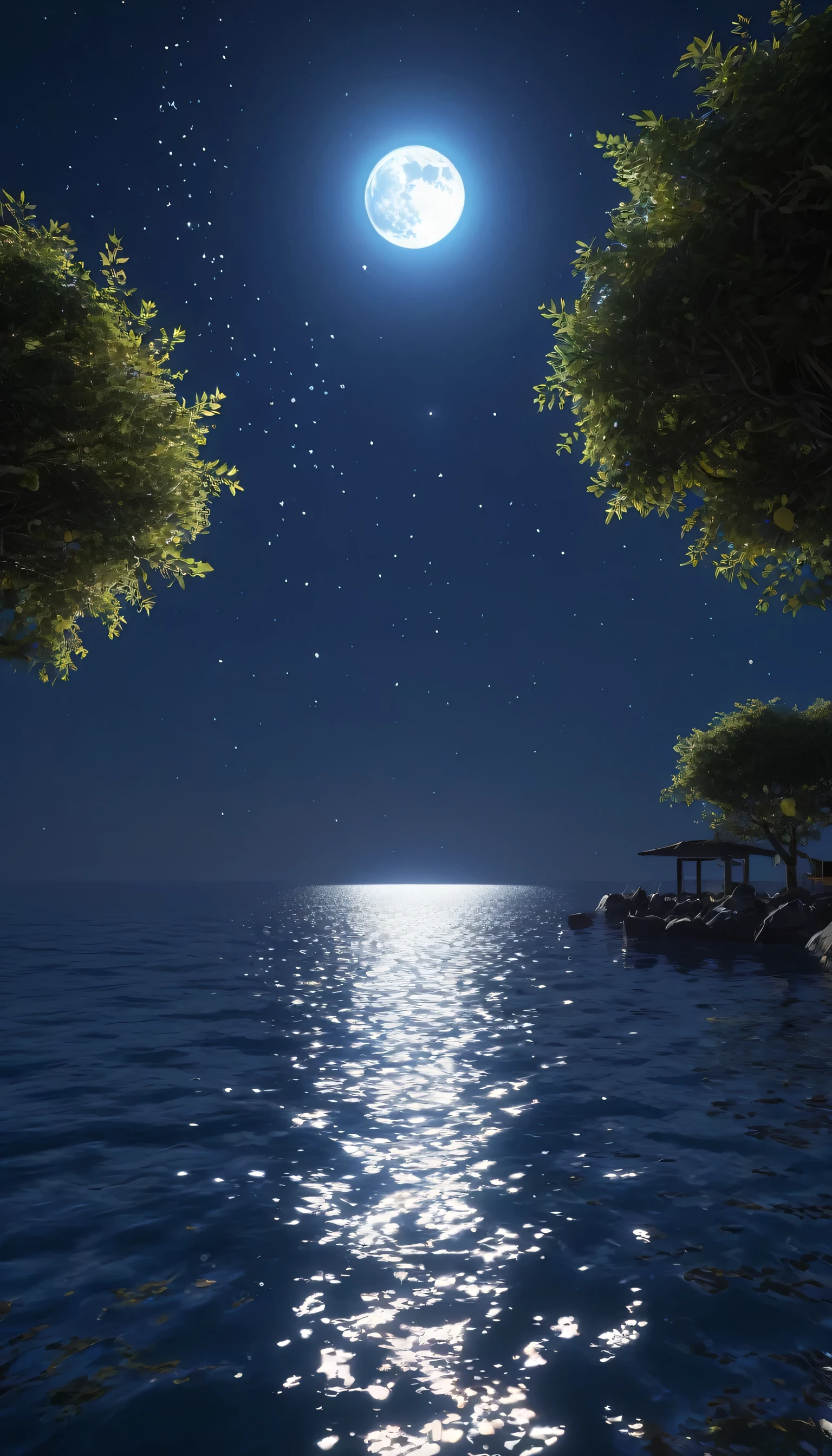night，Deep blue waters wash the coast，The moonlight leaves dots of starlight on the sea，reflection，Real light reflection，True ray tracing，OC Renderer，Octane renderer