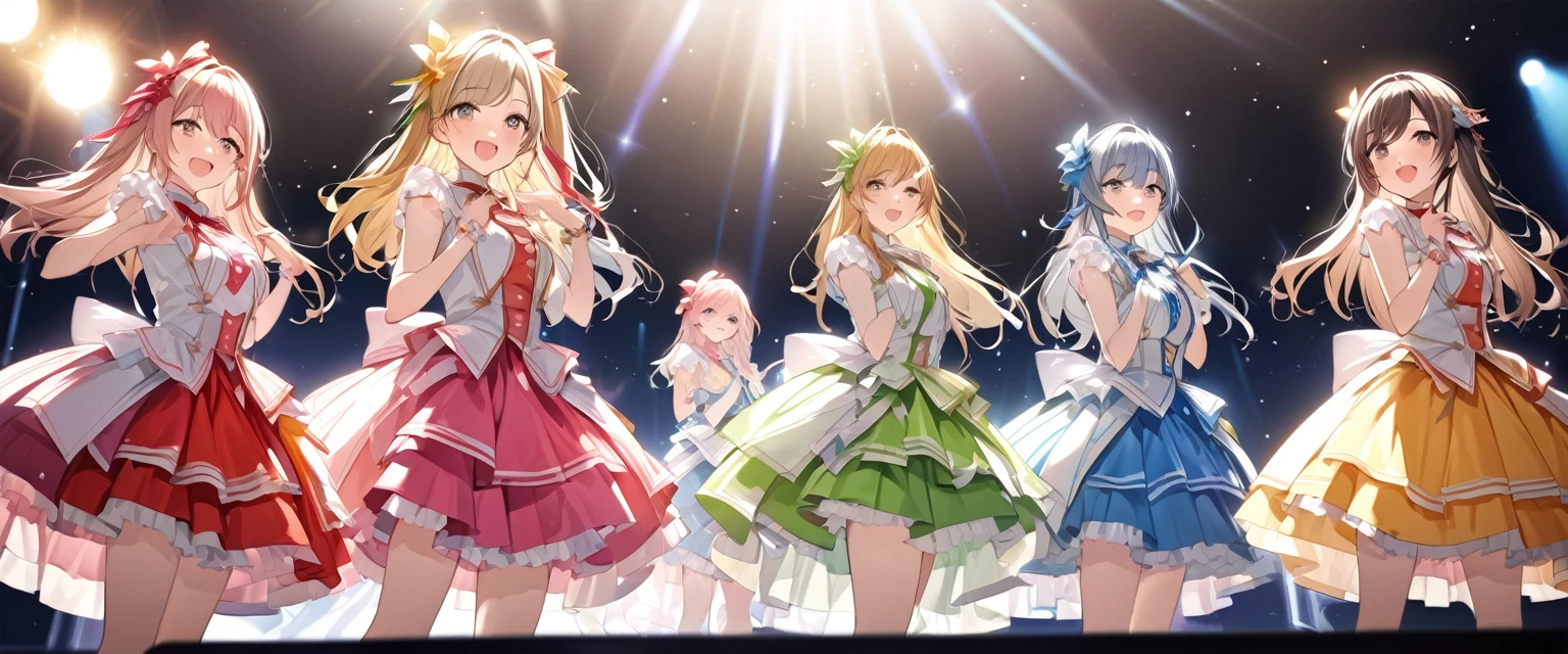 (Highest quality、Very detailed、Very detailed and beautiful、Ultra-high resolution) 、A five-member idol group、5 girls、Live Stage、Glittering lighting、Sing and dance、Idol Costumes、cute、Close-up