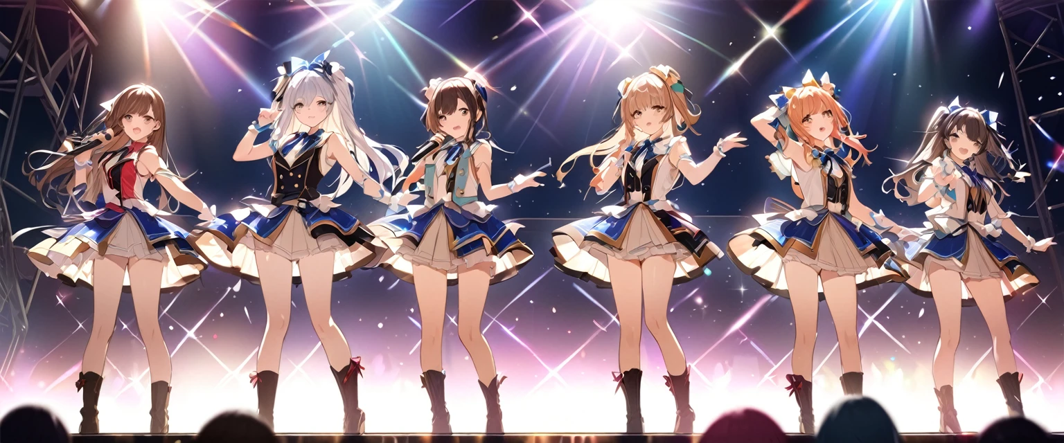 (Highest quality、Very detailed、Very detailed and beautiful、Ultra-high resolution) 、A five-member idol group、5 girls、Live Stage、Glittering lighting、Sing and dance、Idol Costumes、cute、Close-up
