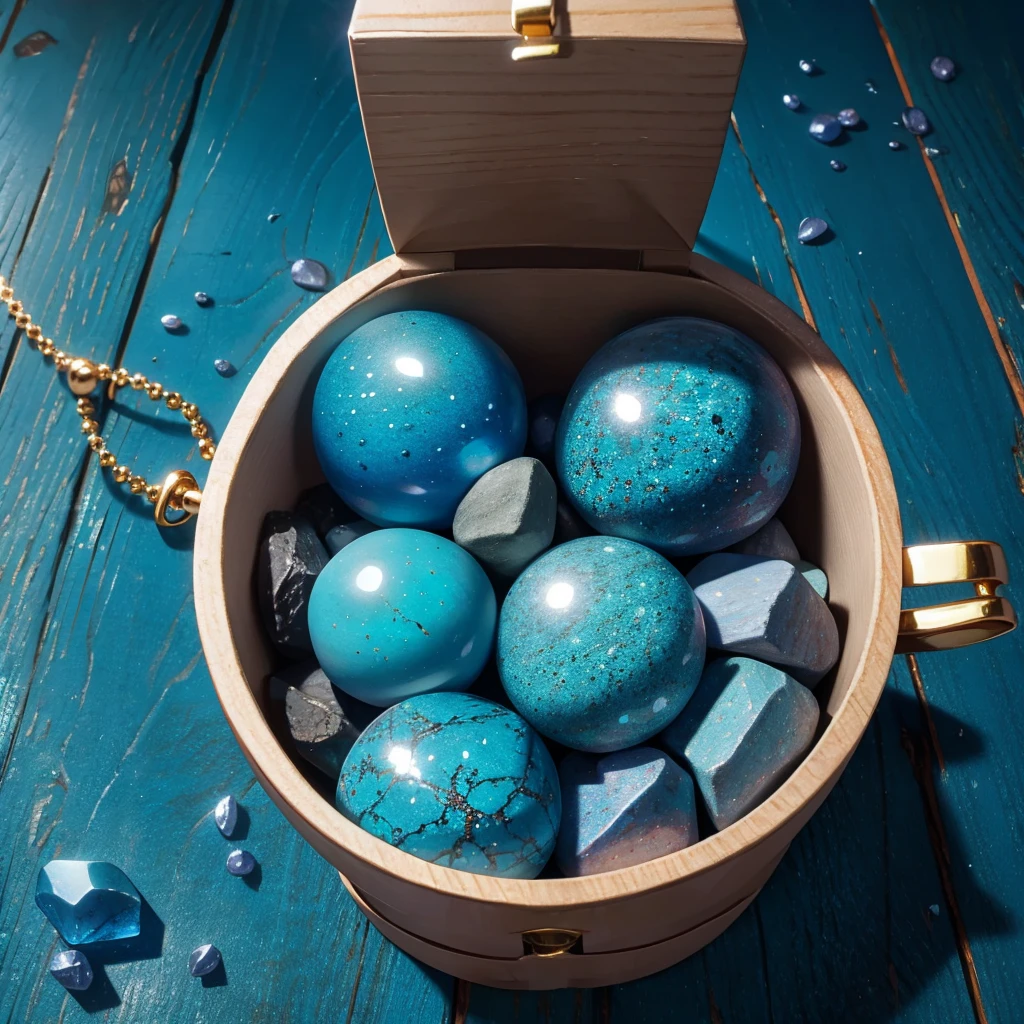 ocean blue stone pendant on a box, no people