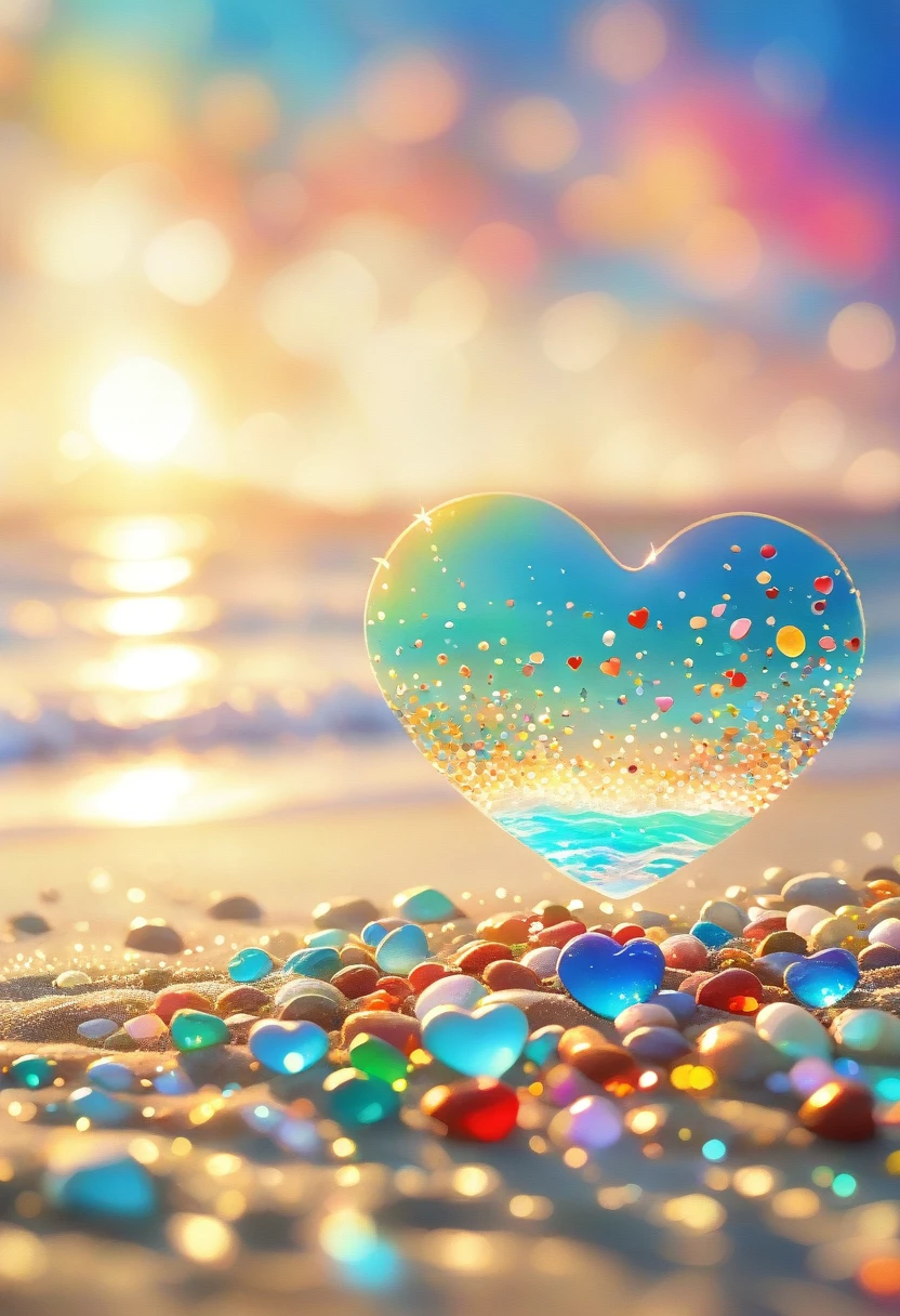 (masterpiece, Highest quality:1.2), Quiet waves、Glittering sea、Many colorful heart-shaped stones on the sandy beach, Cute numbers艺术, Beautiful and detailed digital art, 4K high resolution illustration wallpaper, Cute numbers, Blurred dream picture, 4K HD wallpaper illustration, Cute 3D rendering, Beautiful artistic illustration, 2D illustration, 2D illustration, Blurry dreamy illustration, Spectacular concept art. Bokeh, Exquisite scenes,Depth of written boundary,8k,blue sky,Red Cloud,The sun shines on the beach,There are many small colorful stones on the beach,Heart of love