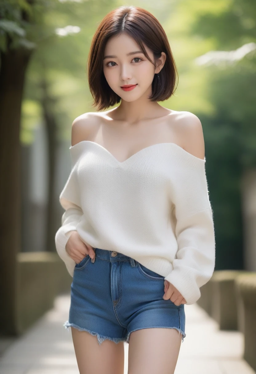 8k, Ultra-high resolution, Highest quality, masterpiece, 三分割法によるphotograph,Surreal, photograph, 1 girl, (16 years old:1.3), pretty girl, Cute face, Beautiful eyes in every detail, 細かくdetailedに,masterpiece,, One Girl:1.2, Japan Female Announcer,whole body,Young Wife,Urban area,street tree,(V-neck sweater, Off the shoulder:1.2),Pencil Skirt,clavicle,Full of cleanliness,A carefree smile,Healing the heart,Short Bob,Looking at the audience、beauty,Long neck、Laugh a little、Please close your mouth and laugh、(((Ideal body type))),A-cup small breasts :2,、Portraiture:2、Perfect Anatomy、鮮明なdetailed、detailed、Surreal、Light and shadow,Strong light