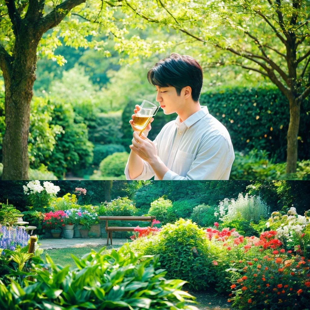 "A serene and tranquil garden scene away from the city's noise. A kind woman with a gentle expression tends to vibrant flowers. The garden is lush with greenery, colorful blooms, and a clear, flowing spring. A man with sorrow in his eyes sits by the spring, looking relieved as he drinks from it. The background features a wide, open sky symbolizing peace and hope. The atmosphere is calm and soothing, with warm, soft light filtering through the trees. The scene should convey healing, peace, and a sense of renewed hope."。 High resolution, masterpiece, Highest quality, Intricate details, Very detailed, Clear focus, Delicate skin, practical skin texture, texture, Delicate eyes, Professional, 4K, Shot with Canon, 85mm, Shallow and deep, Kodak Vision Color, Exactly, Very detailed, photograph_\(Extremist\), photographpractical, practical, Post-processing, Maximum details, Roughness, Real Life, Extremist practical, Photorealism, photographgraphy, 8K Ultra HD, photographgraphy