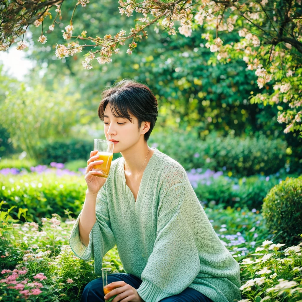 "A serene and tranquil garden scene away from the city's noise. A kind woman with a gentle expression tends to vibrant flowers. The garden is lush with greenery, colorful blooms, and a clear, flowing spring. A man with sorrow in his eyes sits by the spring, looking relieved as he drinks from it. The background features a wide, open sky symbolizing peace and hope. The atmosphere is calm and soothing, with warm, soft light filtering through the trees. The scene should convey healing, peace, and a sense of renewed hope."。 High resolution, masterpiece, Highest quality, Intricate details, Very detailed, Clear focus, Delicate skin, practical skin texture, texture, Delicate eyes, Professional, 4K, Shot with Canon, 85mm, Shallow and deep, Kodak Vision Color, Exactly, Very detailed, photograph_\(Extremist\), photographpractical, practical, Post-processing, Maximum details, Roughness, Real Life, Extremist practical, Photorealism, photographgraphy, 8K Ultra HD, photographgraphy