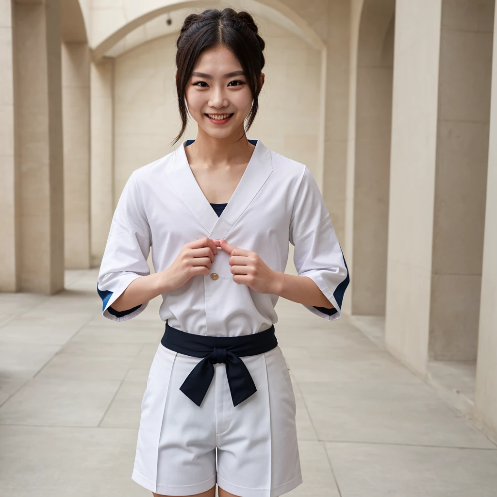 asthma, brow, Shinobi uniform, Separate wide sleeves, White short pants, 1girl, Single, Upper body, Facing the viewer, (Looking at the viewer:1.5), At the center, He smiles,