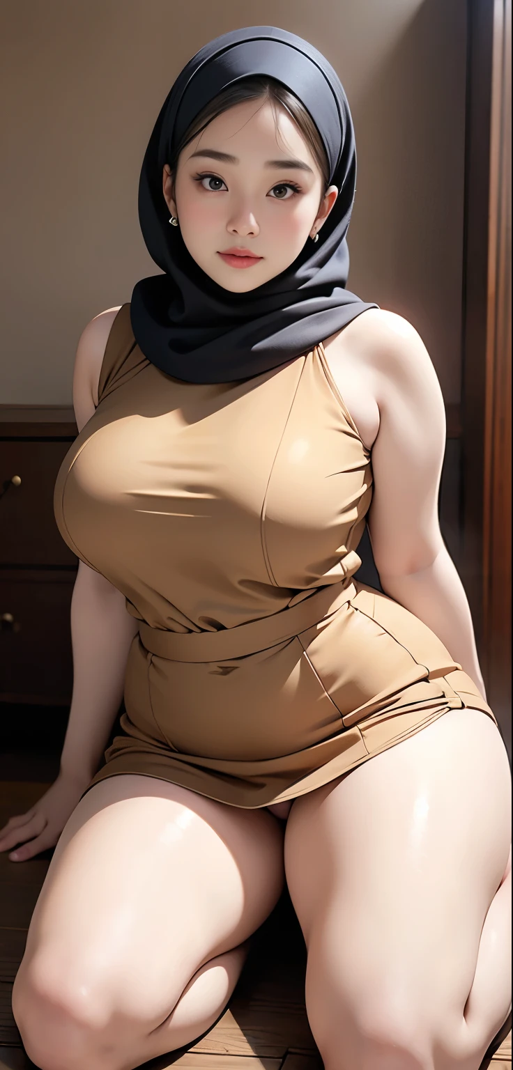 there is a naked woman kneeling down with a brown hijab, bbwchan, thicc, brown hijab outfit, brown hijab naked fashion model, korean girl, korean woman, , full length shot, alluring plus sized model, naked japanese goddess,  voluptuous and arousing, portrait shot, curvy model, voluptuous body, wonderful, nene tanaka body , bbwchan, The overall atmosphere is smooth , haunting illustrations, extremely high-resolution details, photographic, realism pushed to extreme, fine texture, 4k, ultra-detailed, high quality, high contrast, open legs, realistic vagina  naked woman in hijab, hairy vagina, her show vagina hole