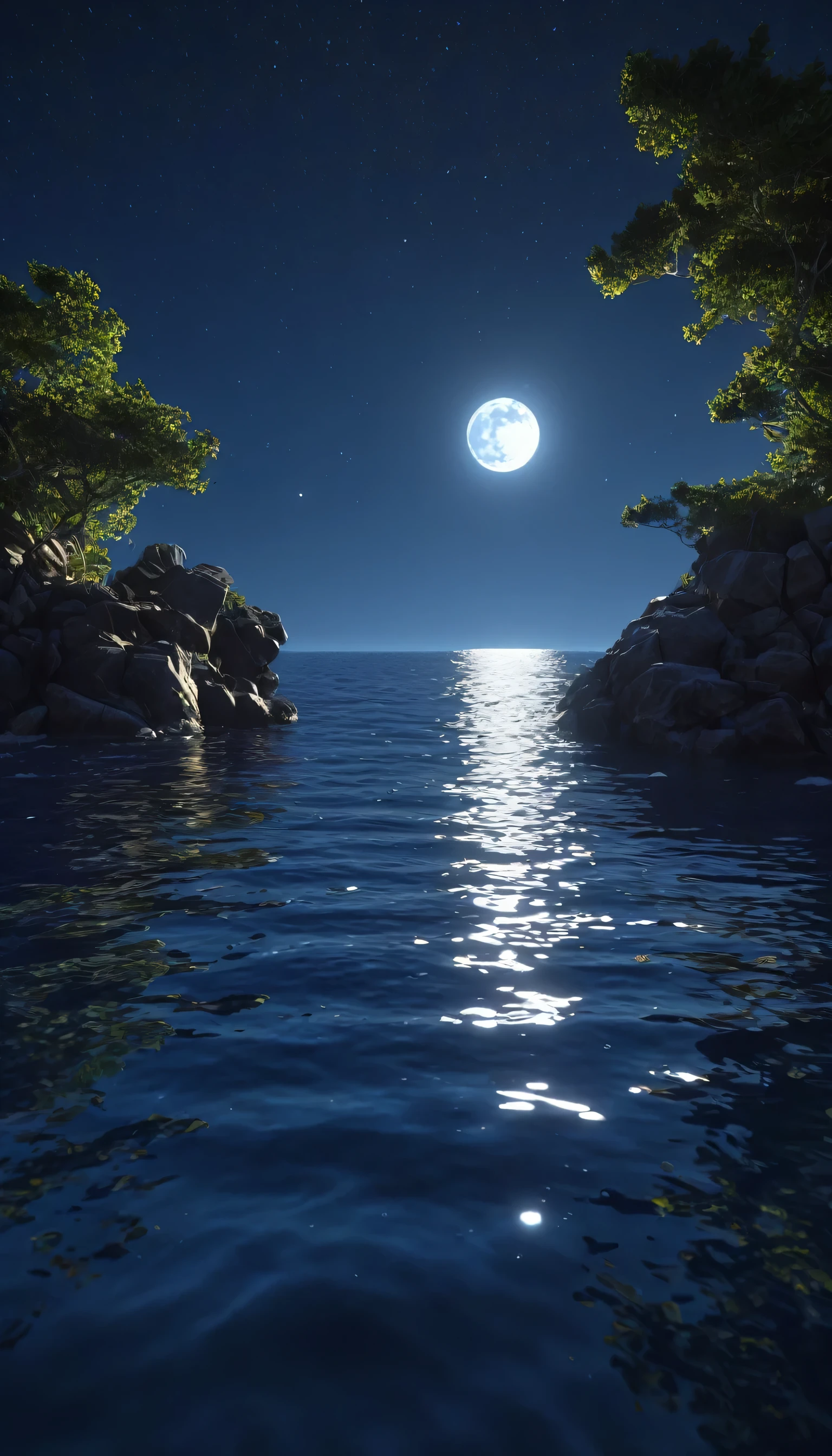 night,Deep blue waters wash the coast,The moonlight leaves dots of starlight on the sea,reflection,Real light reflection,True ray tracing,OC Renderer,Octane renderer