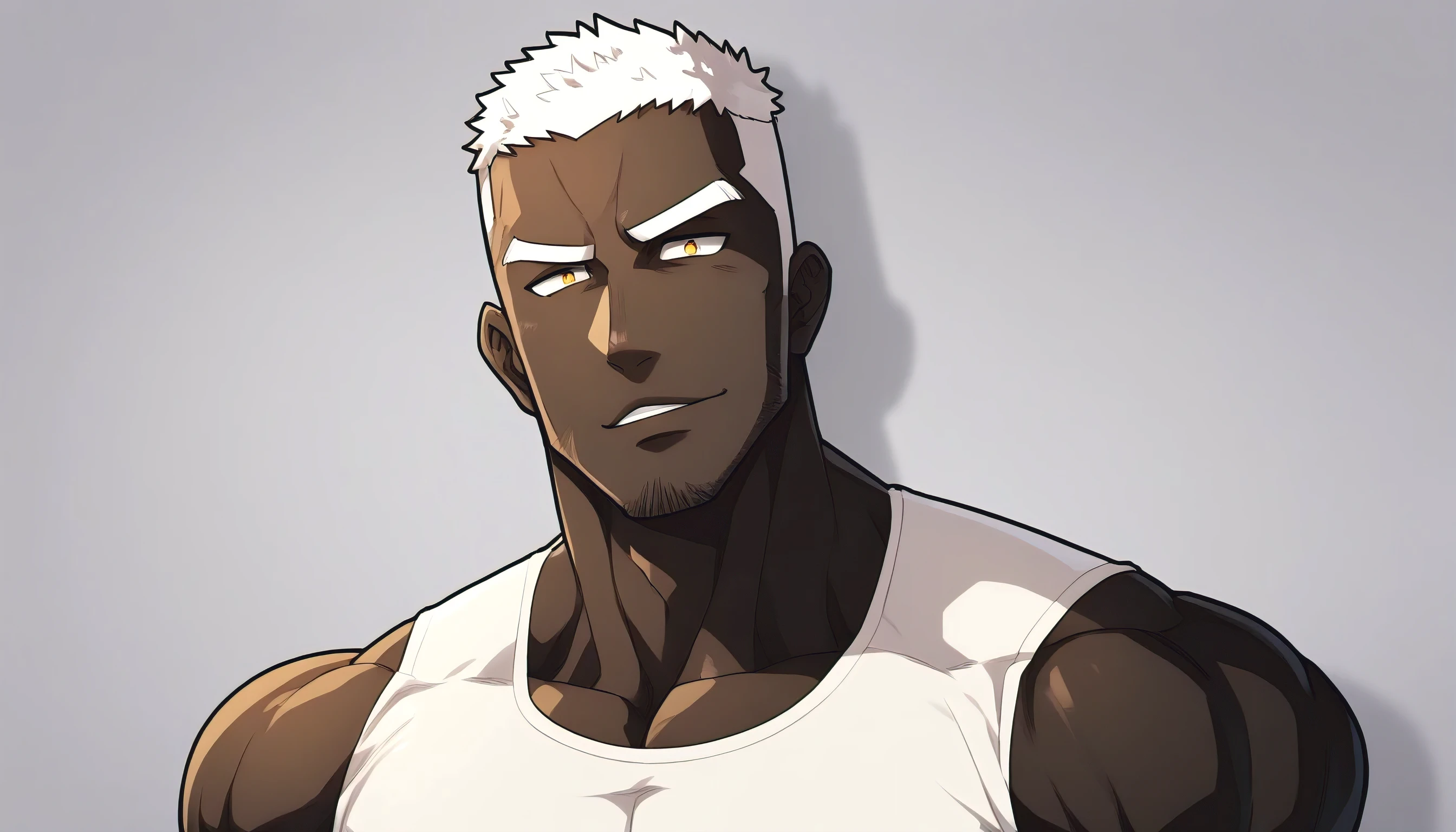 negro，negro，negro，anime characters：Gyee, Fitness coach, negro black skin, 1 muscular tough guy, Manliness, male focus, Cream White Sleeveless Tight T-Shirt, Very tight, The pectoral muscles are oversized, Slightly transparent, muscular male, muscular, only, Upper body, alone, White short hair, Thick eyebrows, stubble, Yellow eyes, Grey background, simple background, amazing quality, best aesthetics, Ridiculous, bright pupils, crew cut, parted lips, seductive smile, torogao, naughty face, drop shadow, best quality