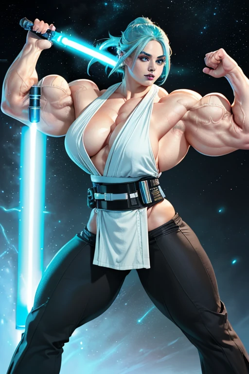 (((Massive, beautiful, buff, muscular pale white skinned female Jedi with cyan hair, black lipstick, ginormous bulky muscles, holding a lightsaber and wearing an all cyan Jedi outfit and Jedi pants))), (close view), black eyeliner, massive muscles, massive biceps, hyper muscle triceps, (long beachy hair), purple eyes, Jedi boots, In space, Jedi outfit, Jedi pants, nighttime, confident smile, hyper muscles arms, hyper muscle legs, (massive arms)