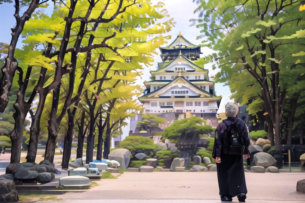 A fifty-year-old man in front of a castle with a tree in the foreground, Japan Tourism, Japanese temples, himeji rivendell garden of eden, ancient Japanese architecture, Japanese heritage, The aesthetics of travel in Japan, edo japan, Japan Deeper Journey Exploration, Feudal Japan, Japanese architecture, Japanese, Japan Travel and Tourism, Feudal Japan, aomori japan